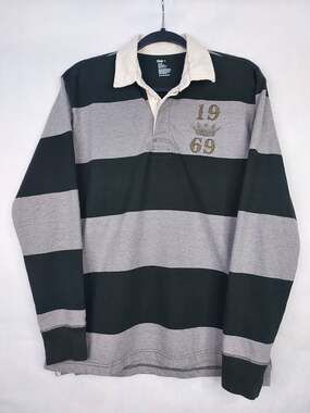 GAP Rugby Polo Shirt Men's S Embroidered Crest Logo Grey Black Stripe Thick Y2K